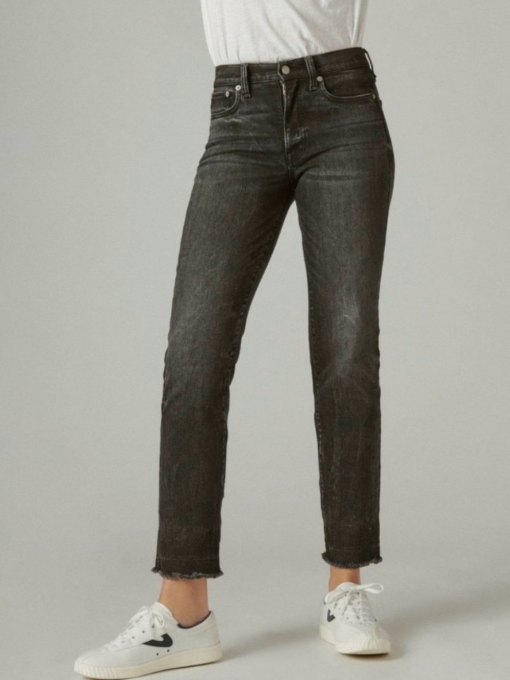Lucky Brand High Rise Zoe Straight Crop Raw Hem Jeans Black 4 27 denim stretch